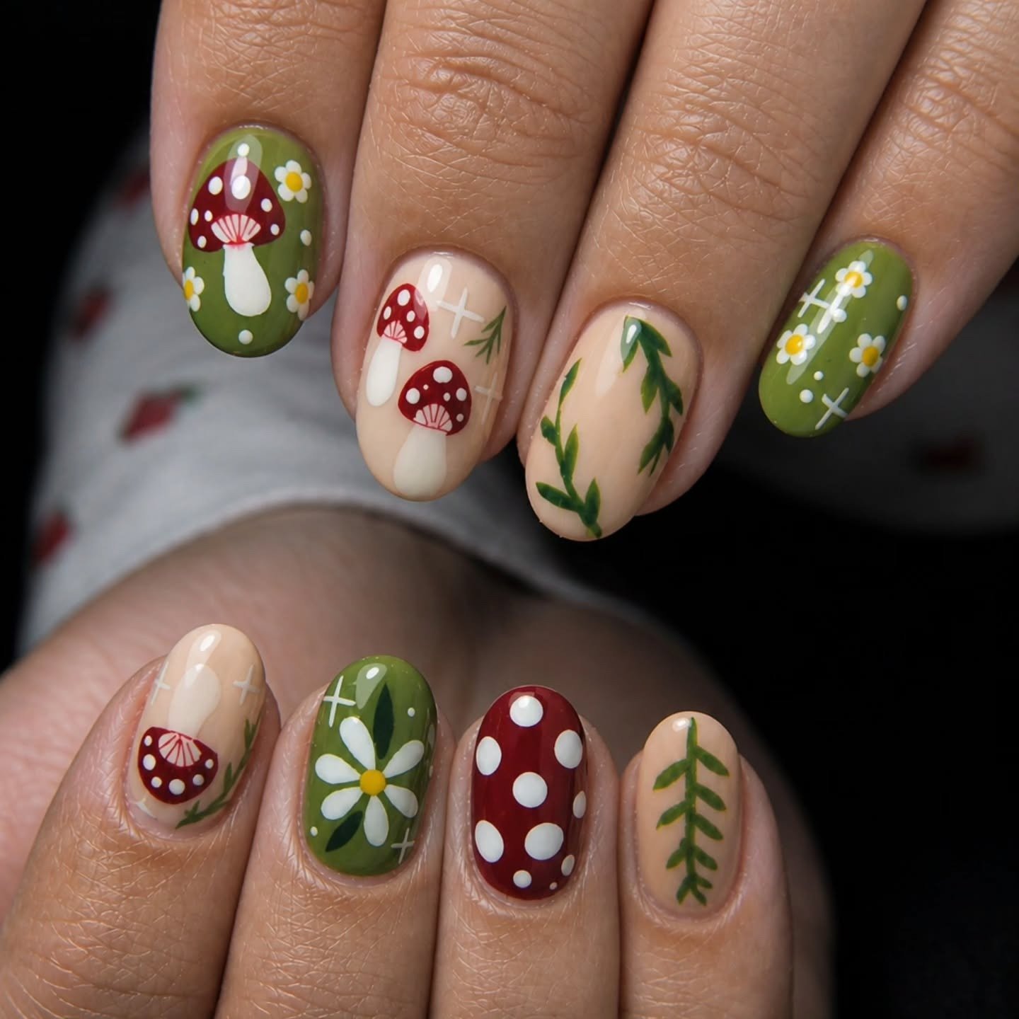 Green, Cream and Red Nails with Playful Nature Motifs — DX26QZbACu_Smiley nails by Danii.heic