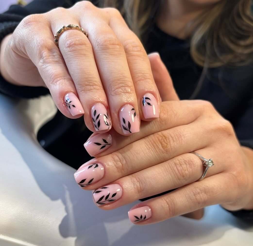 Pink Nails with Black Botanical Line Art — DH0R2KLtXVqYOU BEAUTY.jpg
