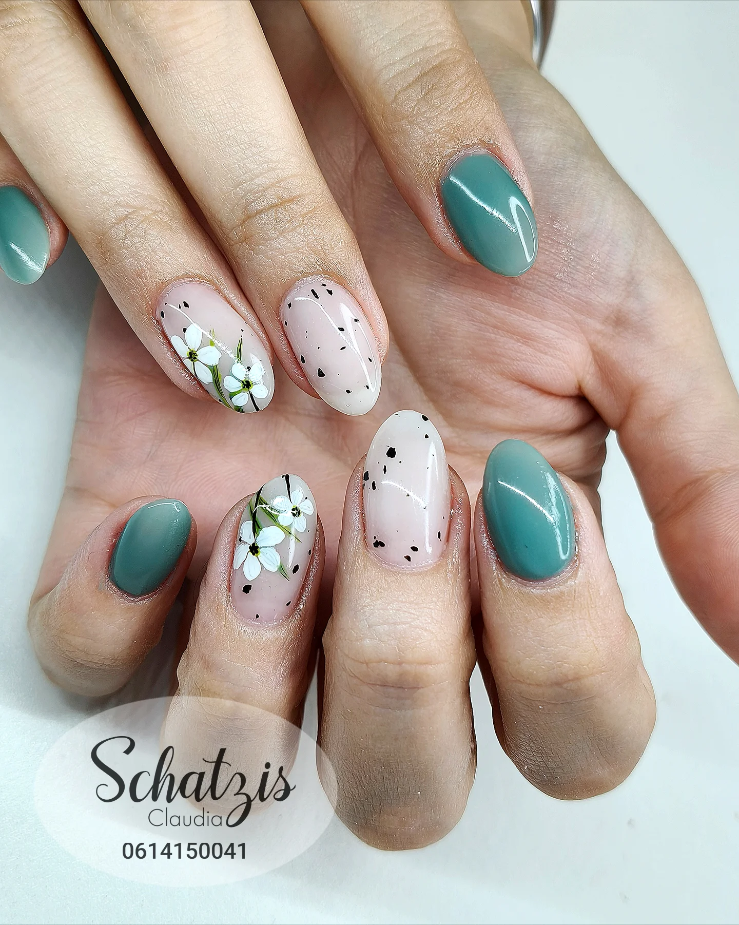 Teal and Pink Nails with White Floral and Leaf Details — DV570HMAq2fSchatzi's Beauty.webp