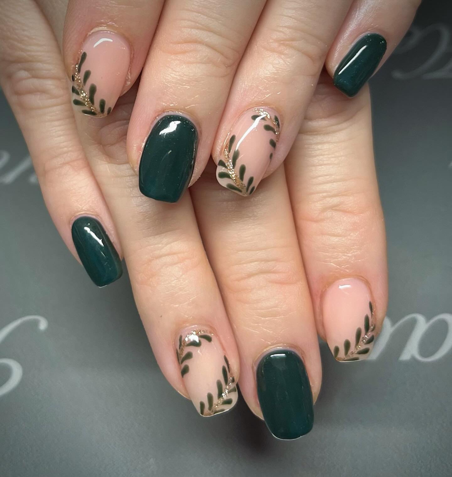 Deep Green Nails with Nude Botanical Accent Nails — C1pnpKNMKPHNails & Beauty by Daisy.jpg