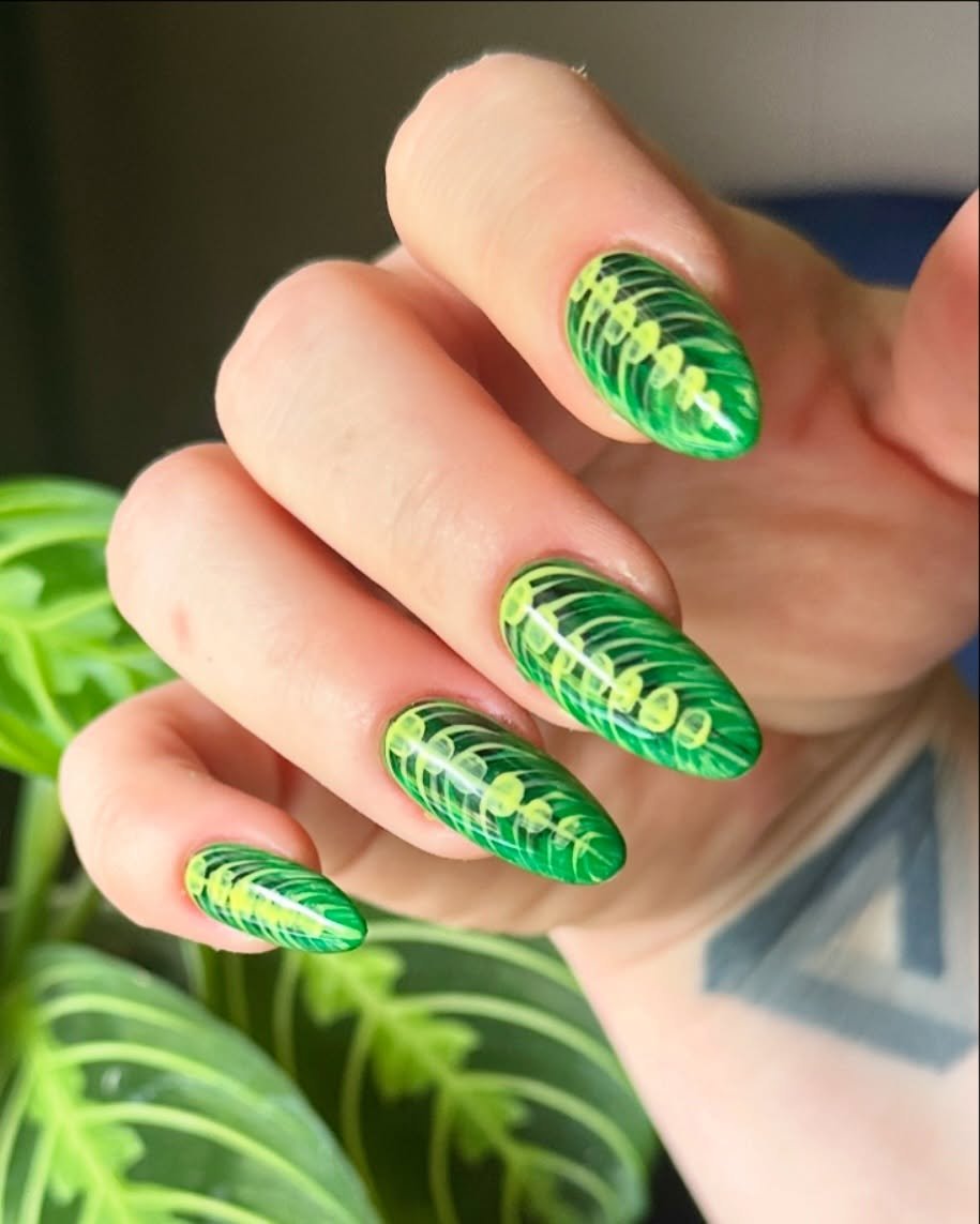 Bright Green Leaf Pattern Nails — C8VAIKqu9o6BRITT HIGGINS Nail Salon Owner, Educator & Consultant.jpg