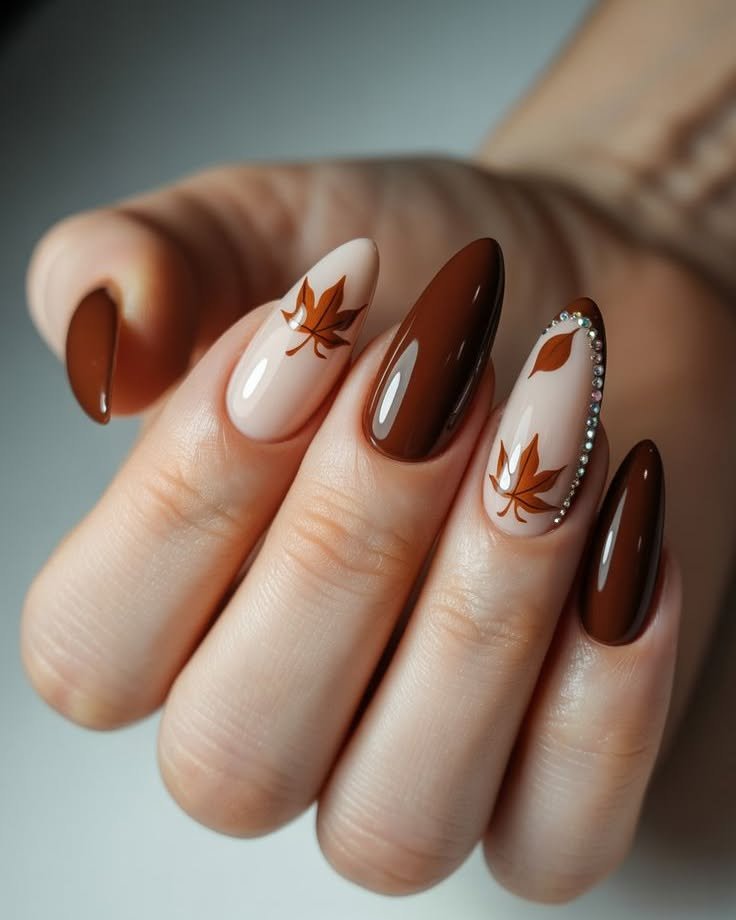 Brown and Cream Almond Nails with Fine Gold Details