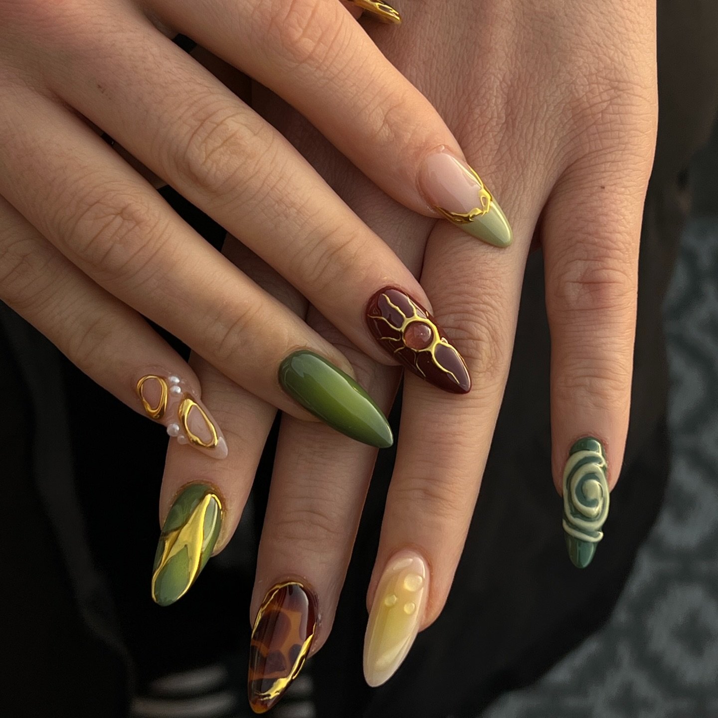 Dark Autumn Almond Nails with Green and Gold Accents