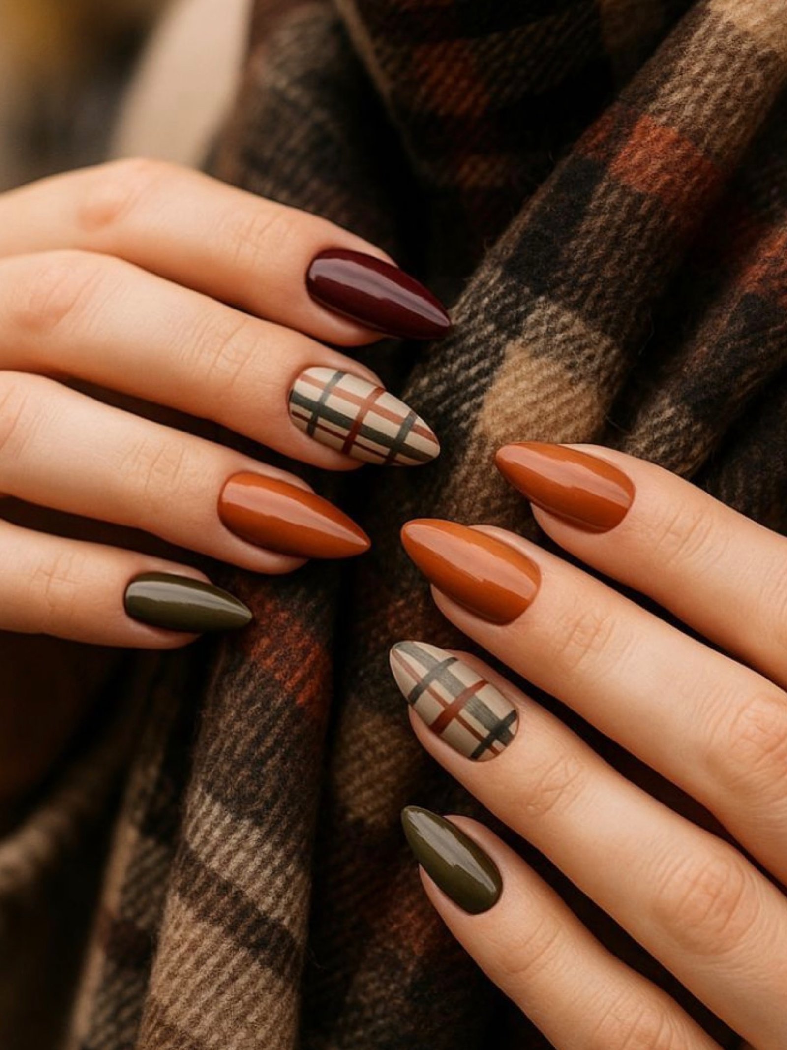 Brown and Orange Fall Nails with Plaid Accents
