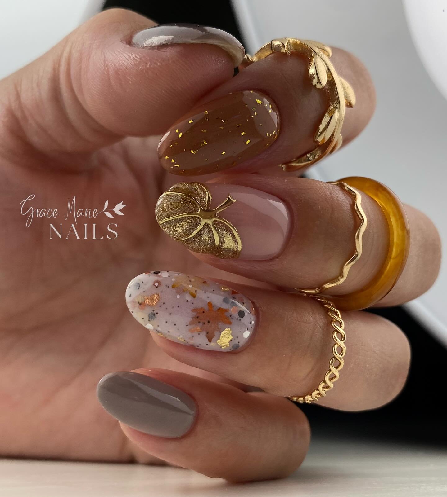 Brown and Taupe Nails with Gold Ring Accents