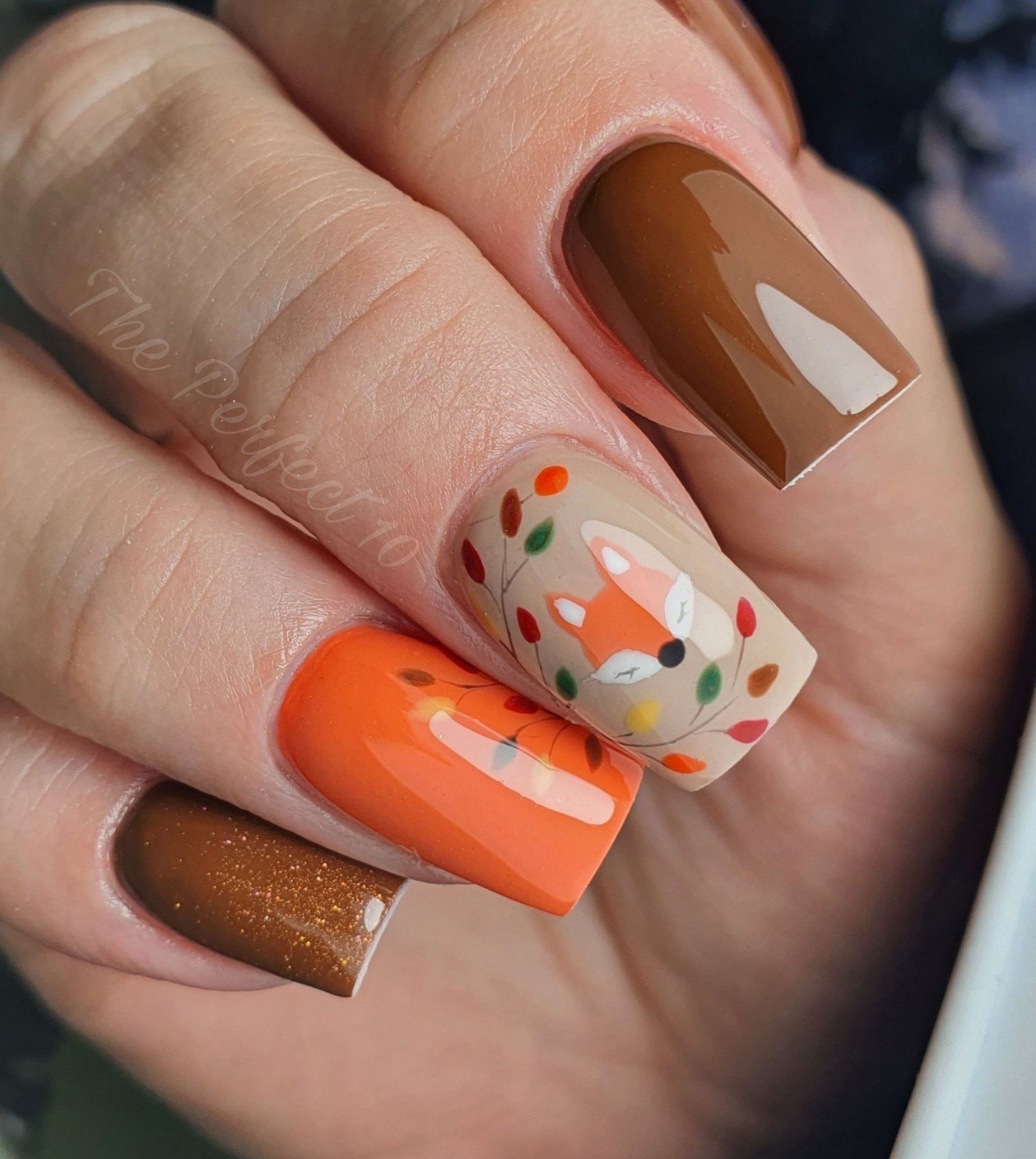 Orange and Brown Short Nails with Autumn Patterning