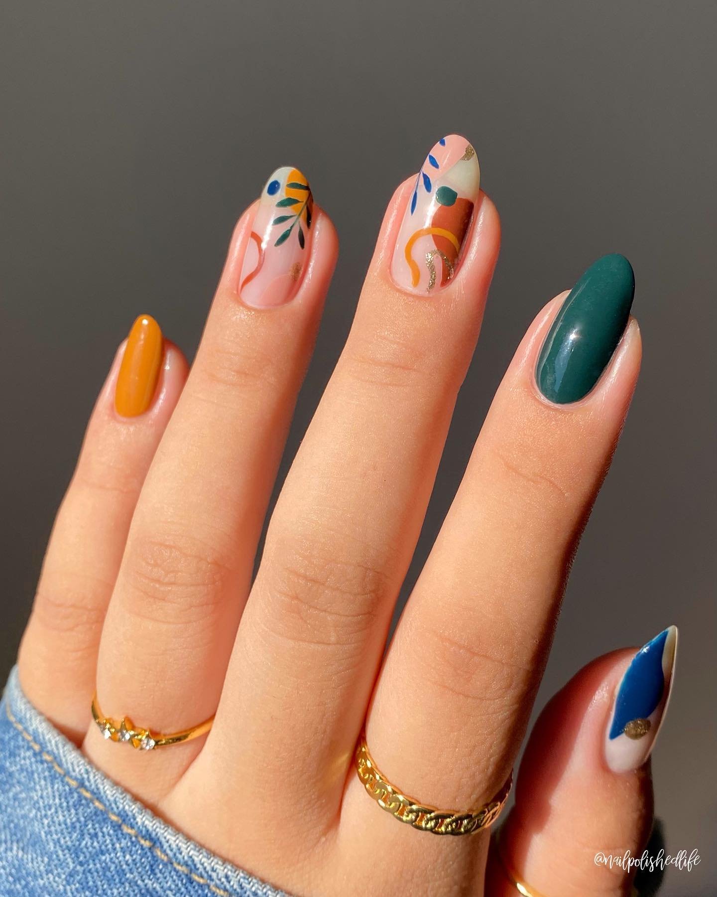 Colorful Autumn Almond Nails with Floral Details
