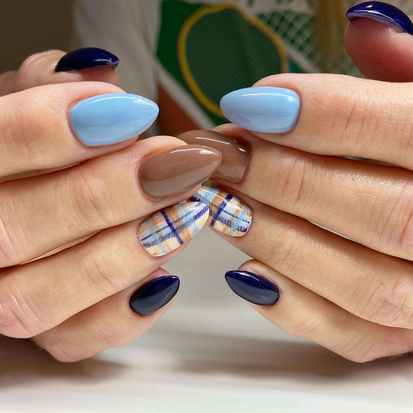 Blue French Tips with Plaid Accent Nails