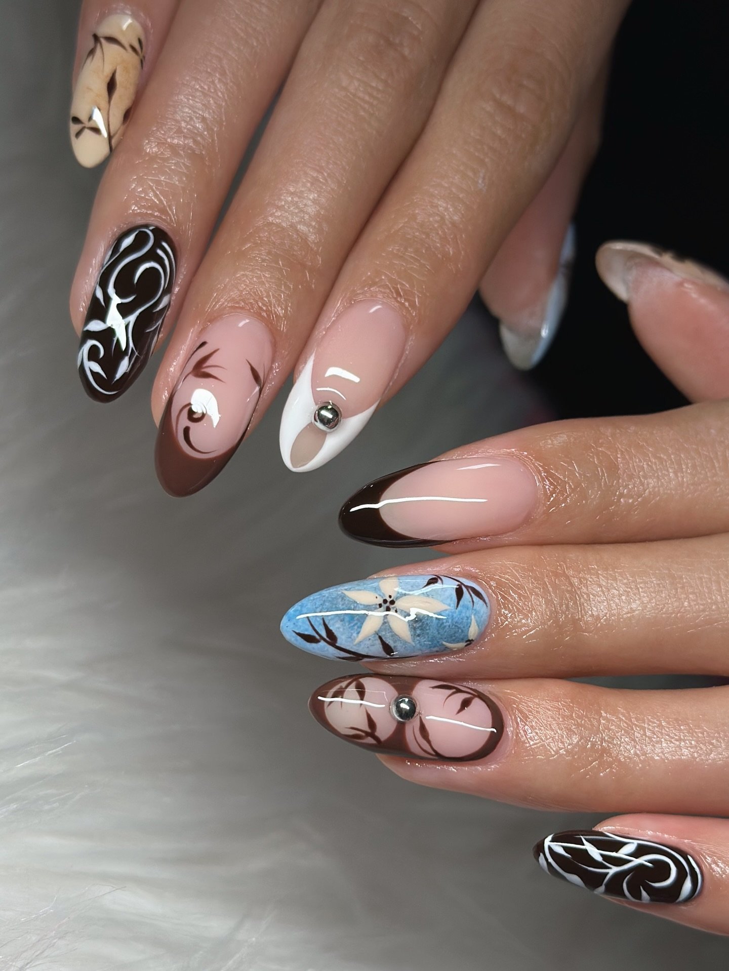 Nude and Brown Almond Nails with Fine Gold Details