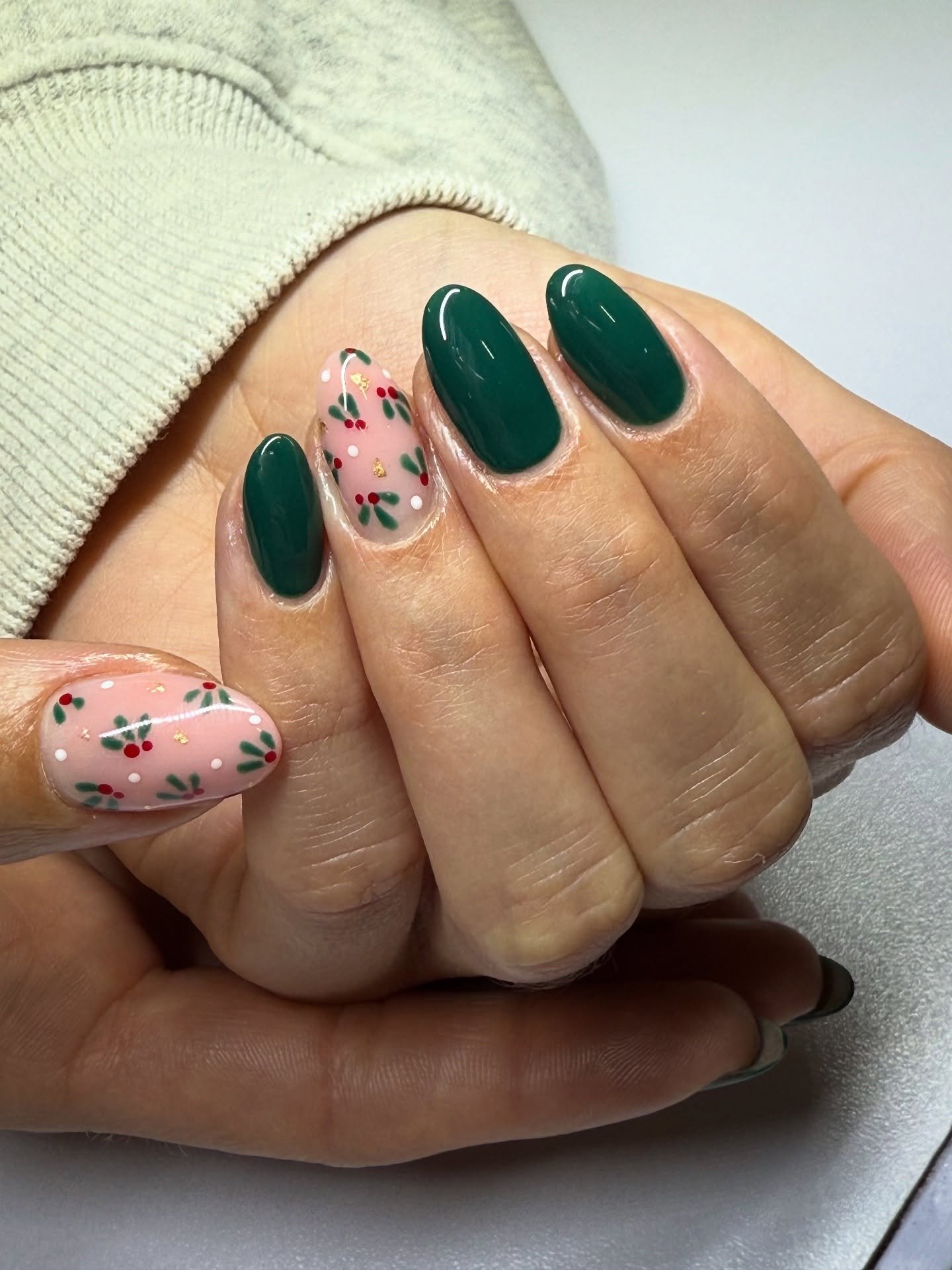 Deep Green Short Nails with Pink Floral Accent