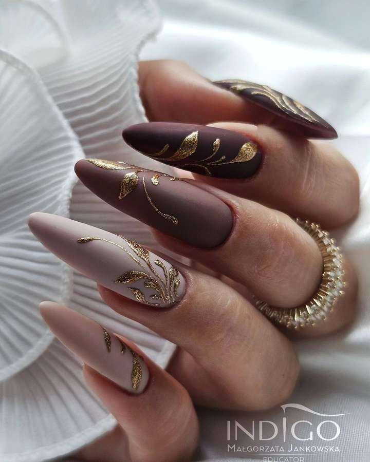 Chocolate Brown and Taupe Nails with Fine Gold Details