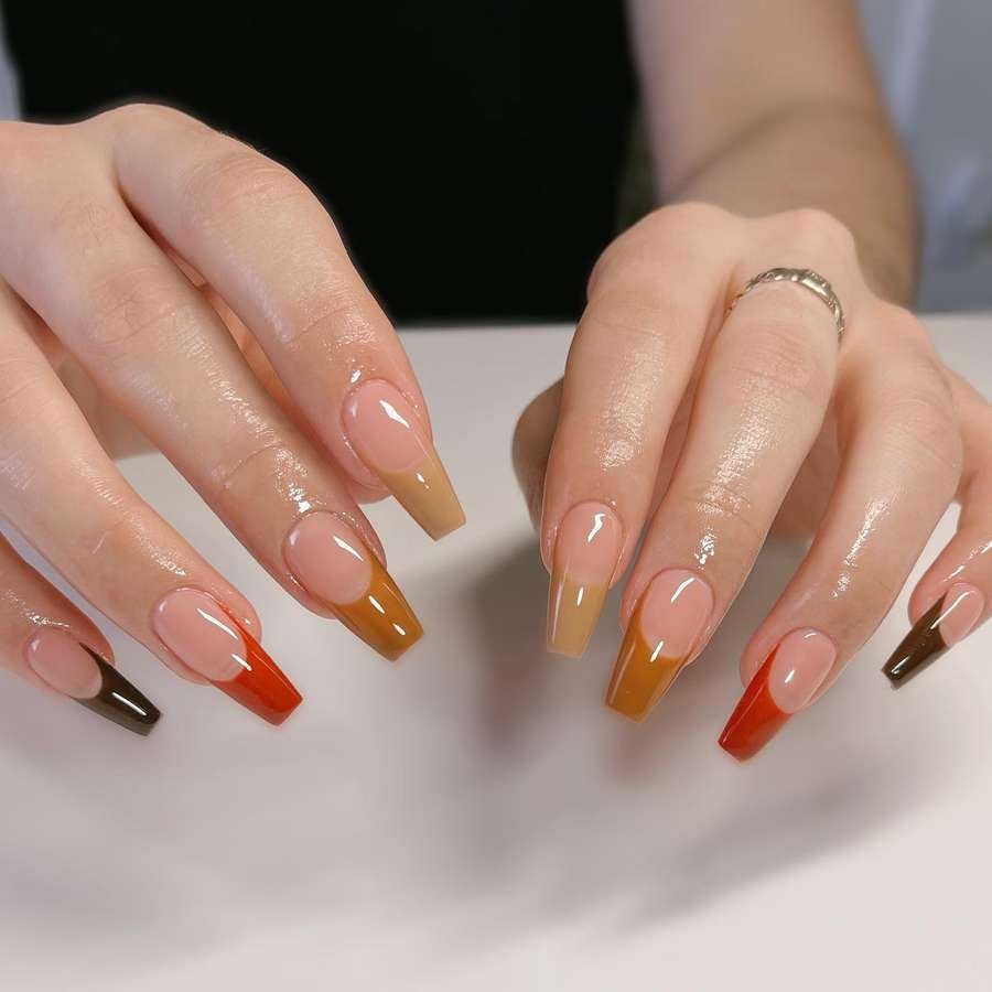 Neutral Coffin Nails with Orange and Brown Tips
