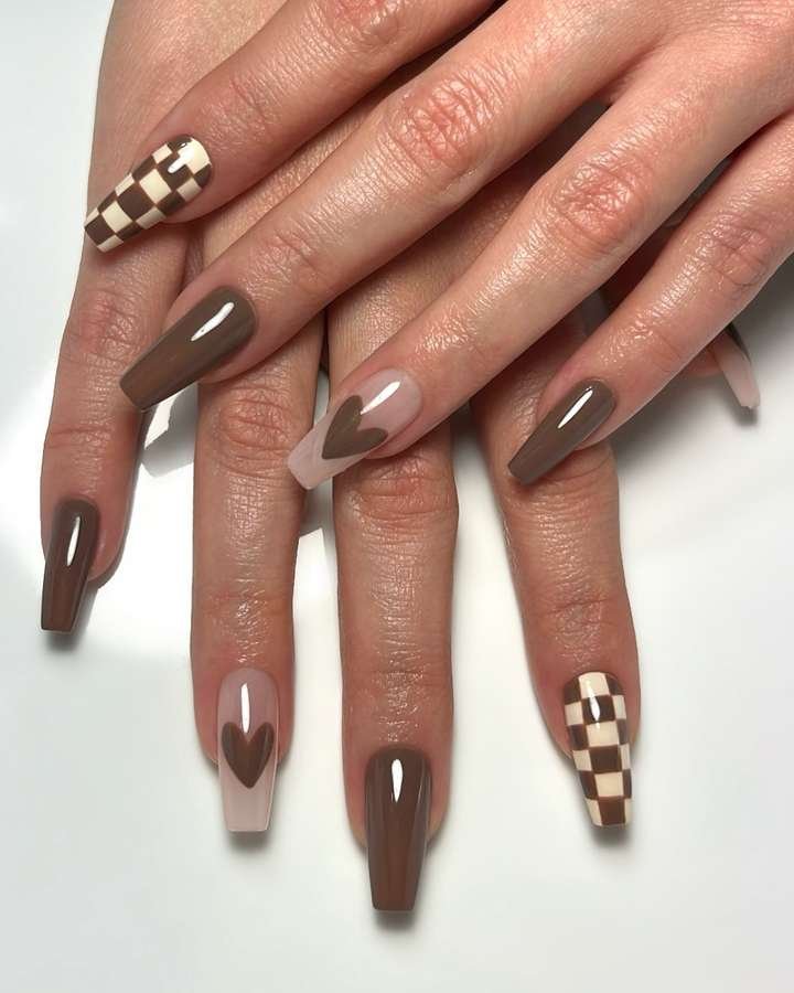 Mocha Brown Almond Nails with Checkered Accents