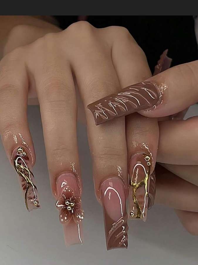 Sheer Brown Nails with Ornate Gold Linework