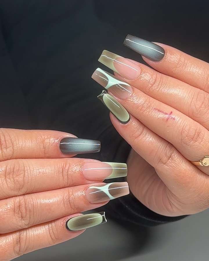 Sheer Nude Nails with Smoky Green and Blue Tips