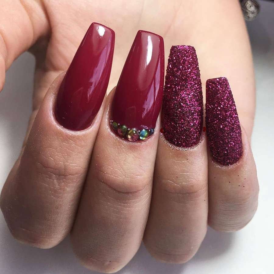 Deep Red and Glitter Plum Nails