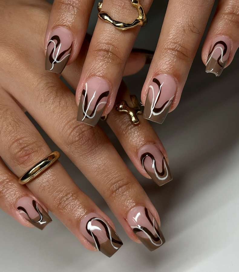 Neutral Nails with Dark Brown Swirls