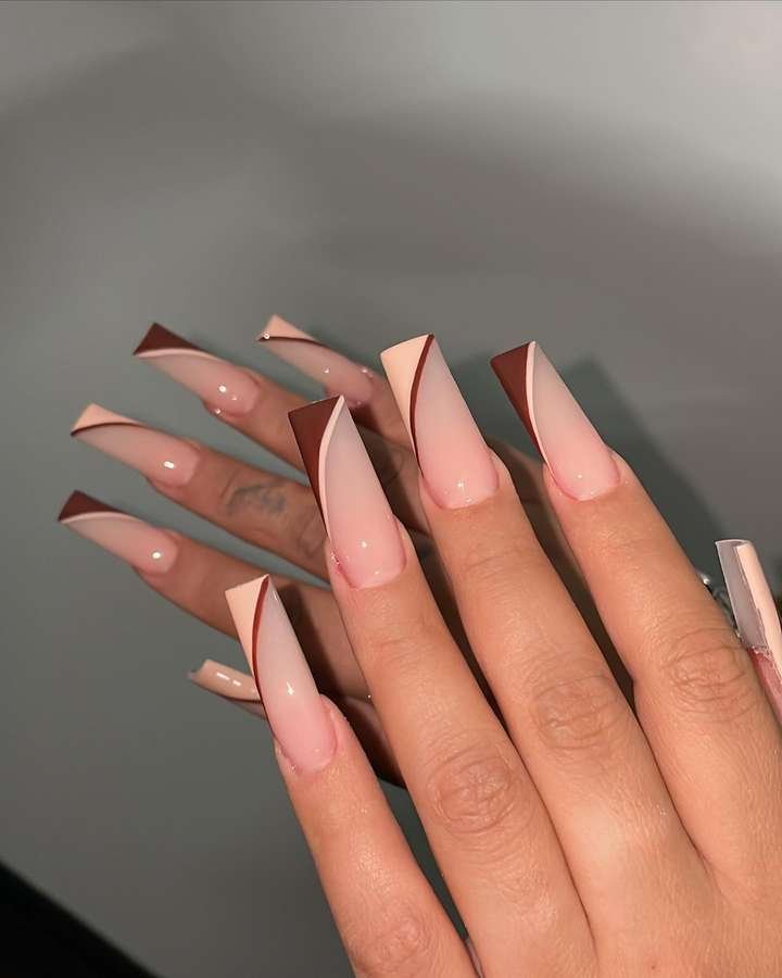Long Nude Coffin Nails with Brown French Tips