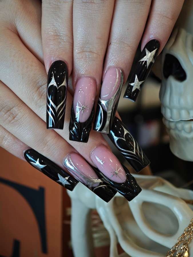 Black and Pink Nails with White Star Details