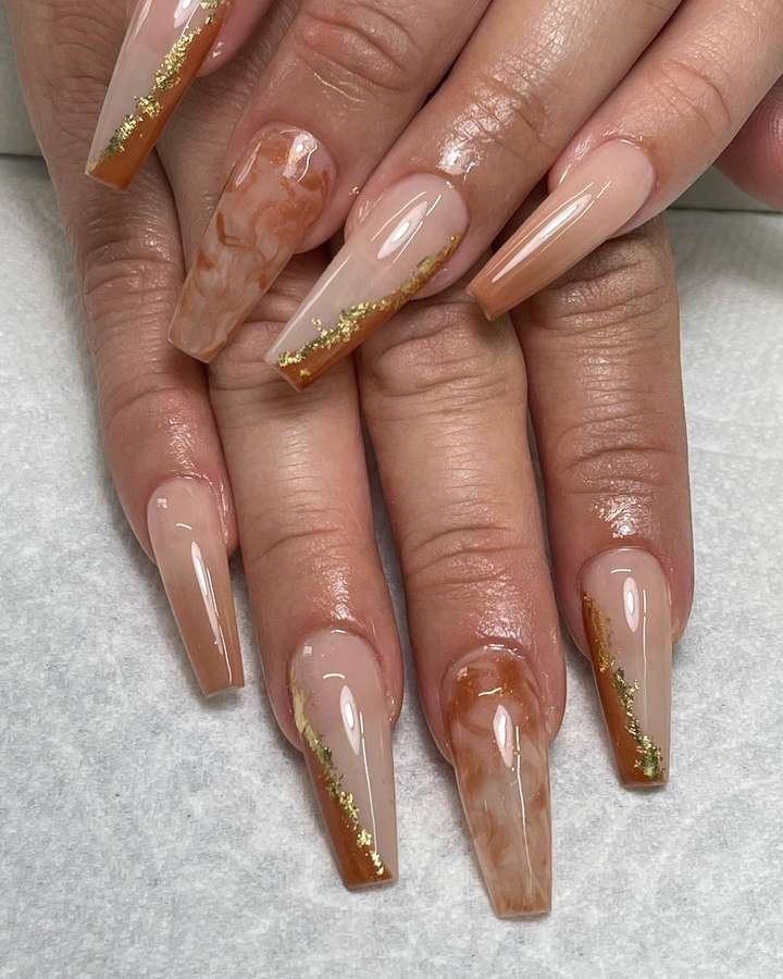 Nude Nails with Brown French Tips and Gold Edges