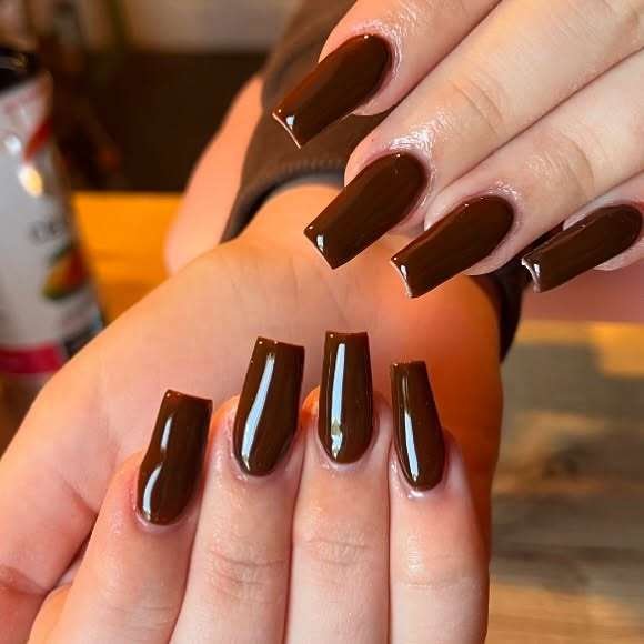 Glossy Chocolate Brown Square Nails
