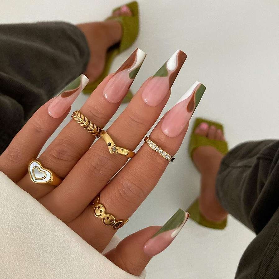Nude and Green French-Tip Nails