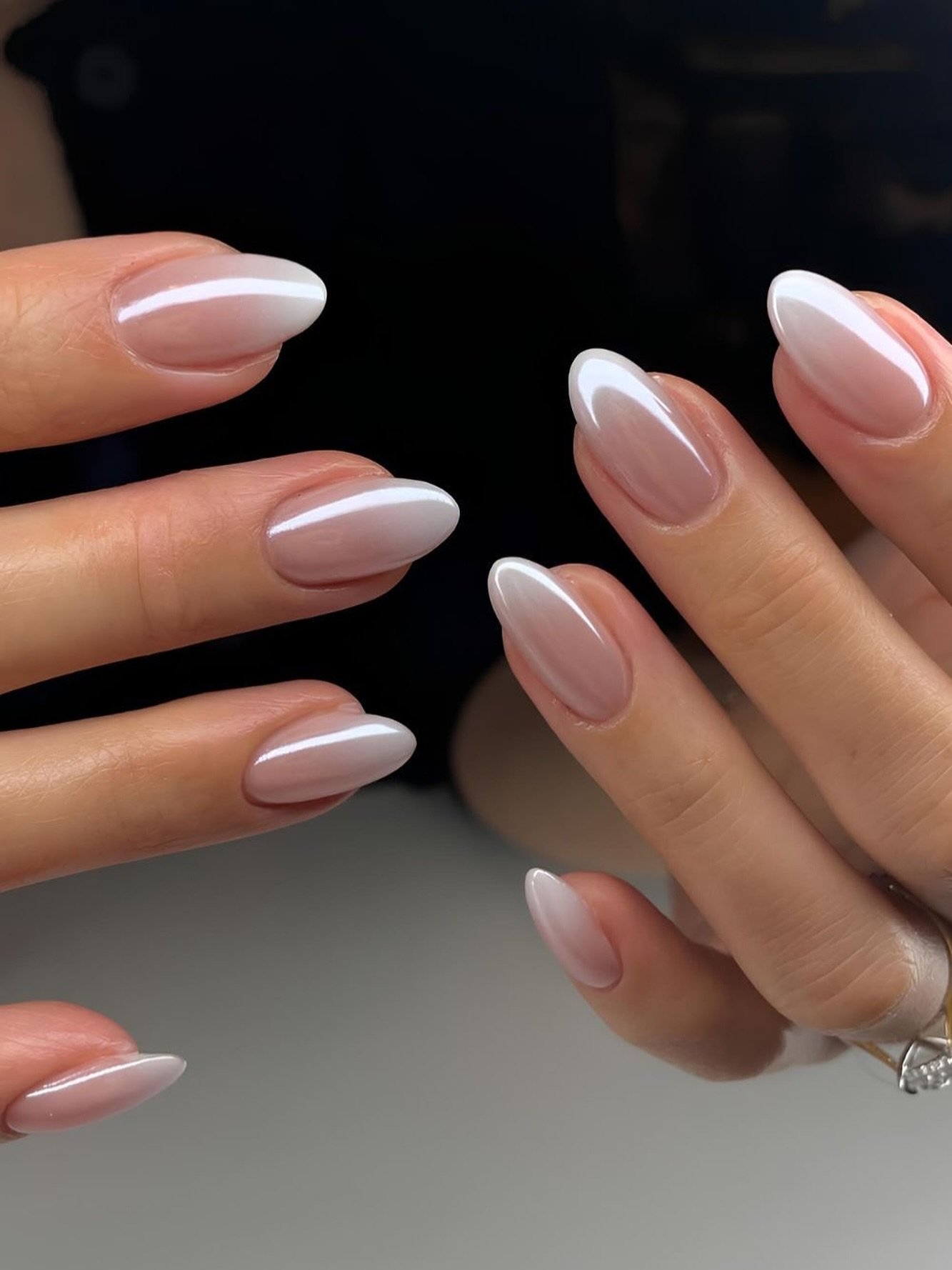 Sheer Nude and White Chrome Almond Nails