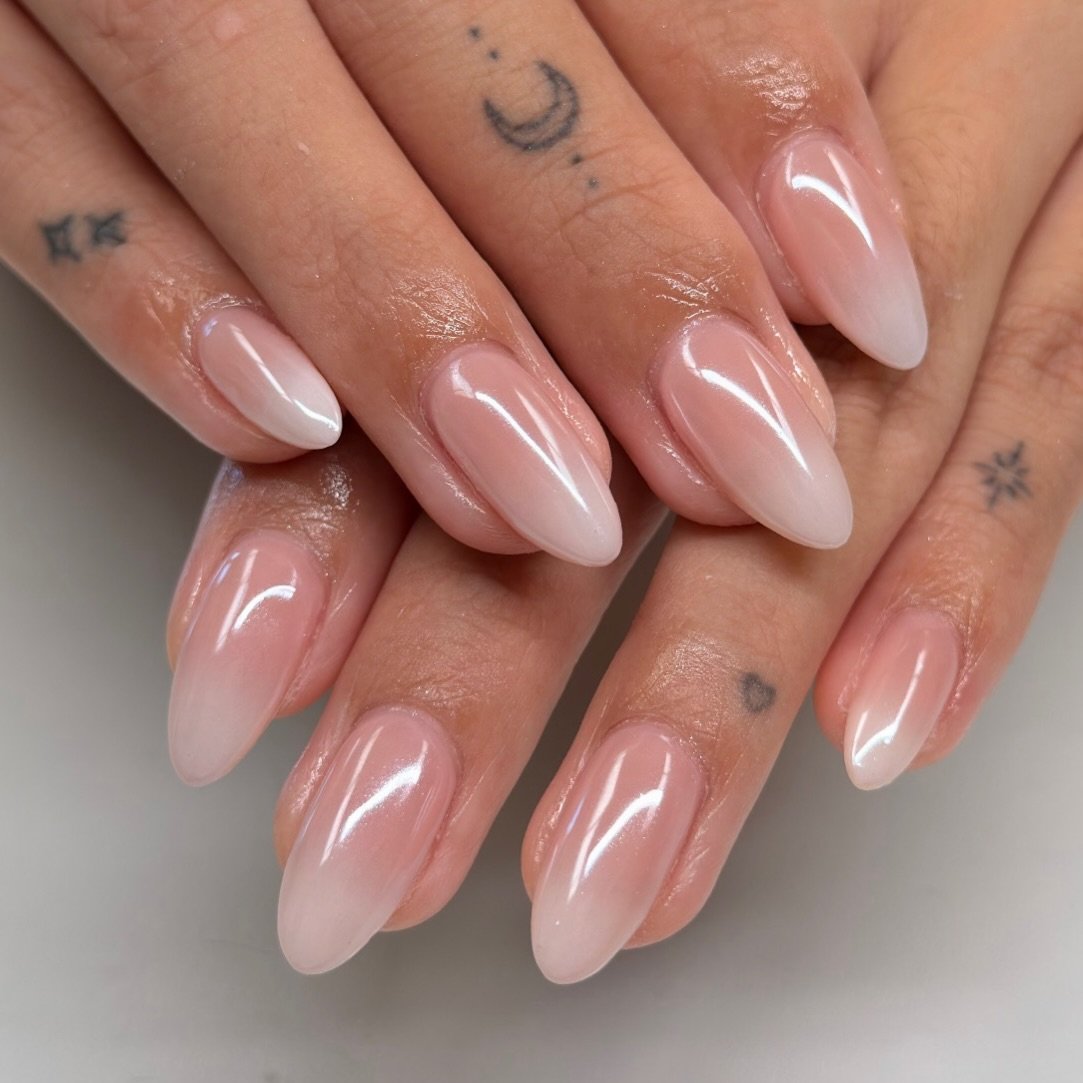 Blush Pink Pearl Chrome Almond Nails