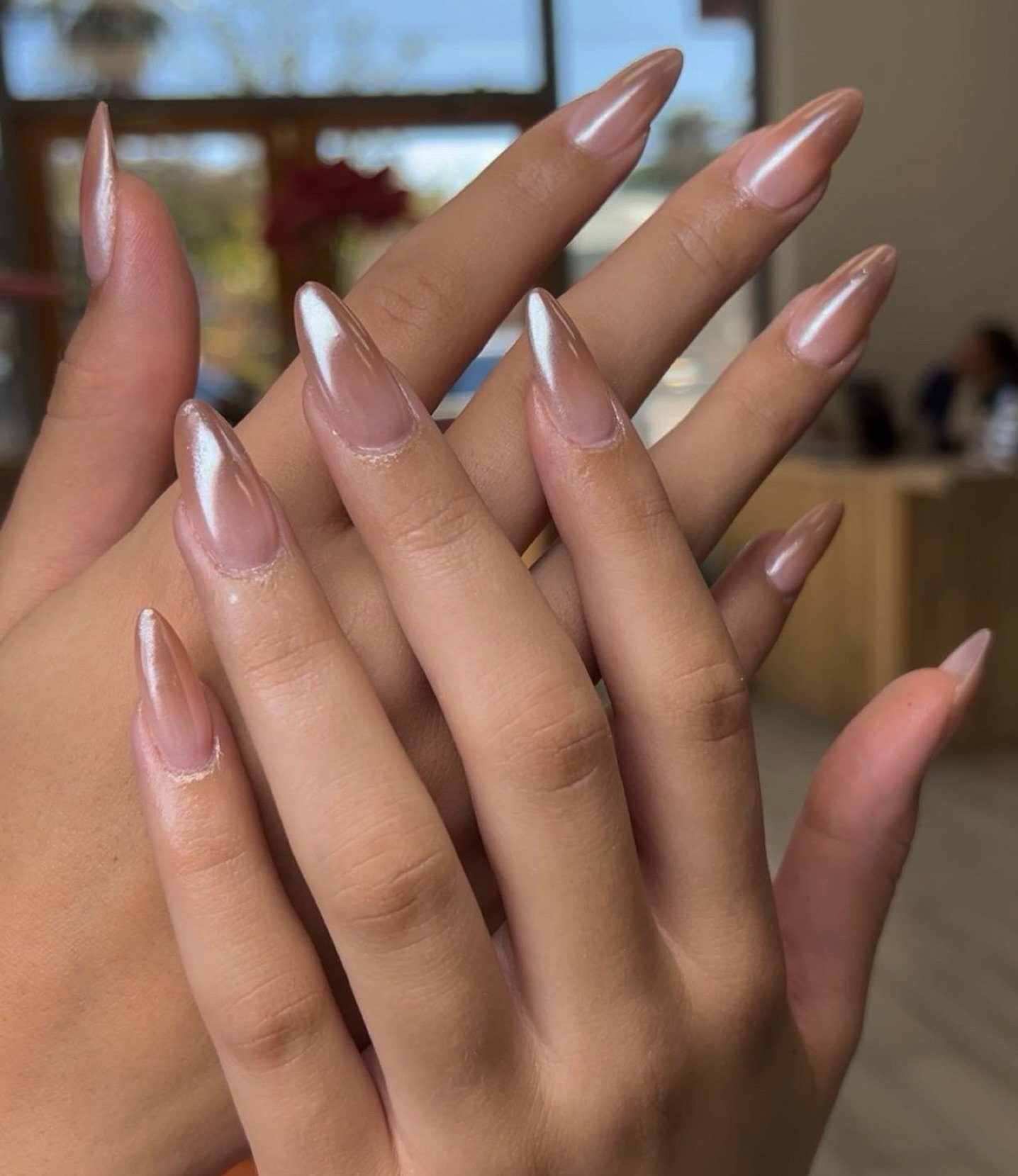 Soft Pink Chrome Stiletto Almond Nails