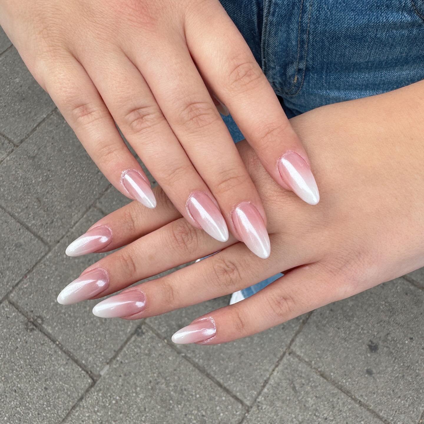 Milky Pink White Chrome Almond Nails