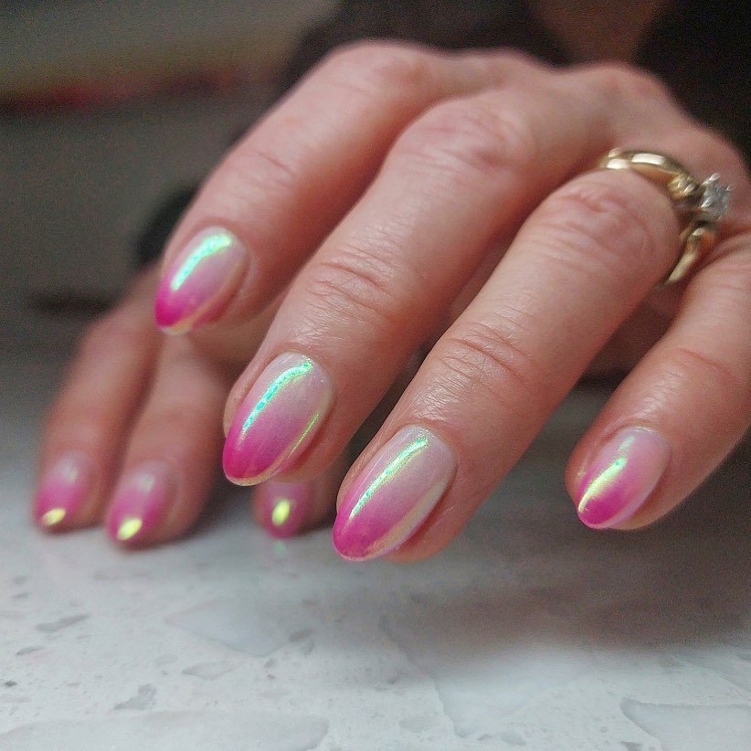 Pink Iridescent Chrome Almond Nails