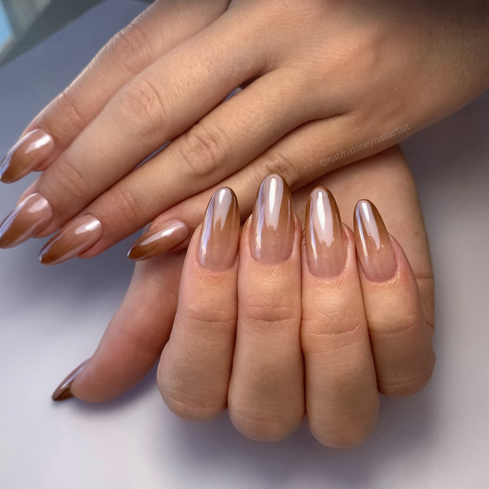 Taupe Brown Chrome Ombre Almond Nails