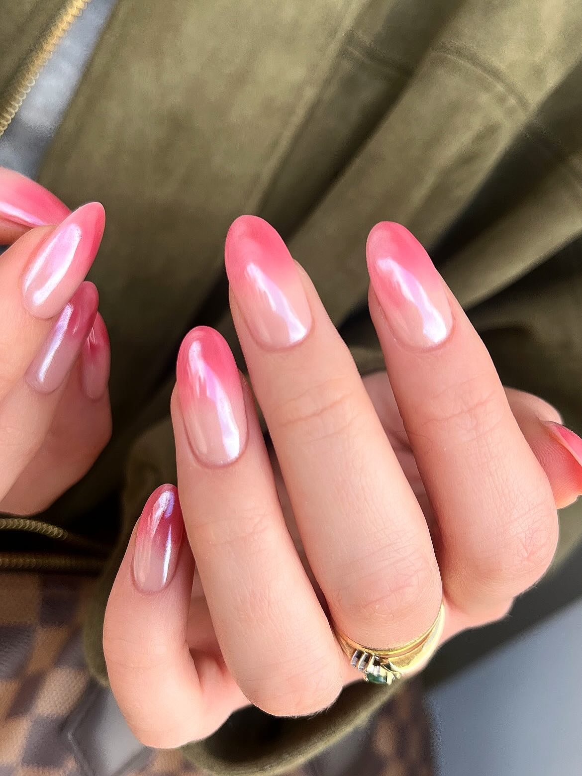Bright Pink Chrome Ombre Almond Nails