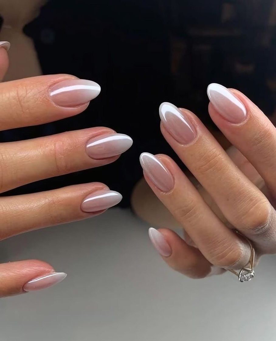 Soft Pink White Chrome Almond Nails