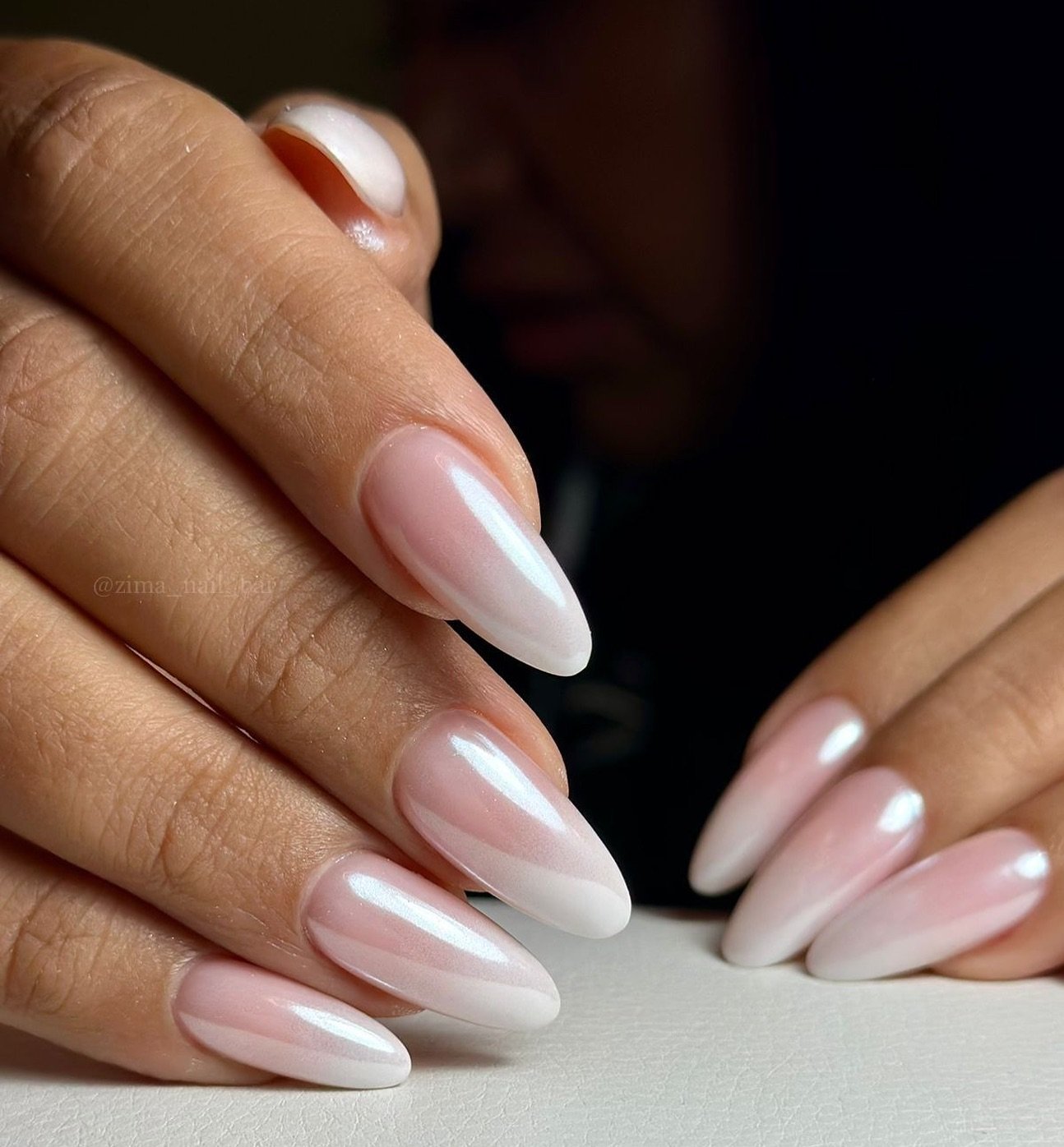 Pearl White Chrome Ombre Almond Nails
