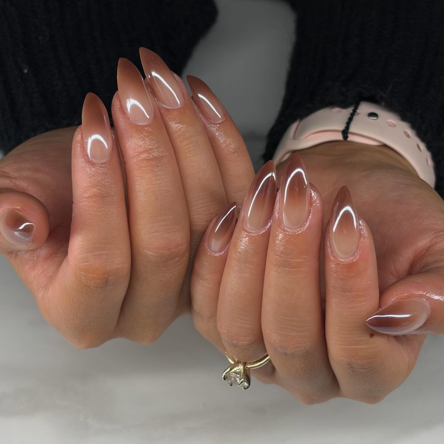 Warm Brown Chrome Ombre Almond Nails