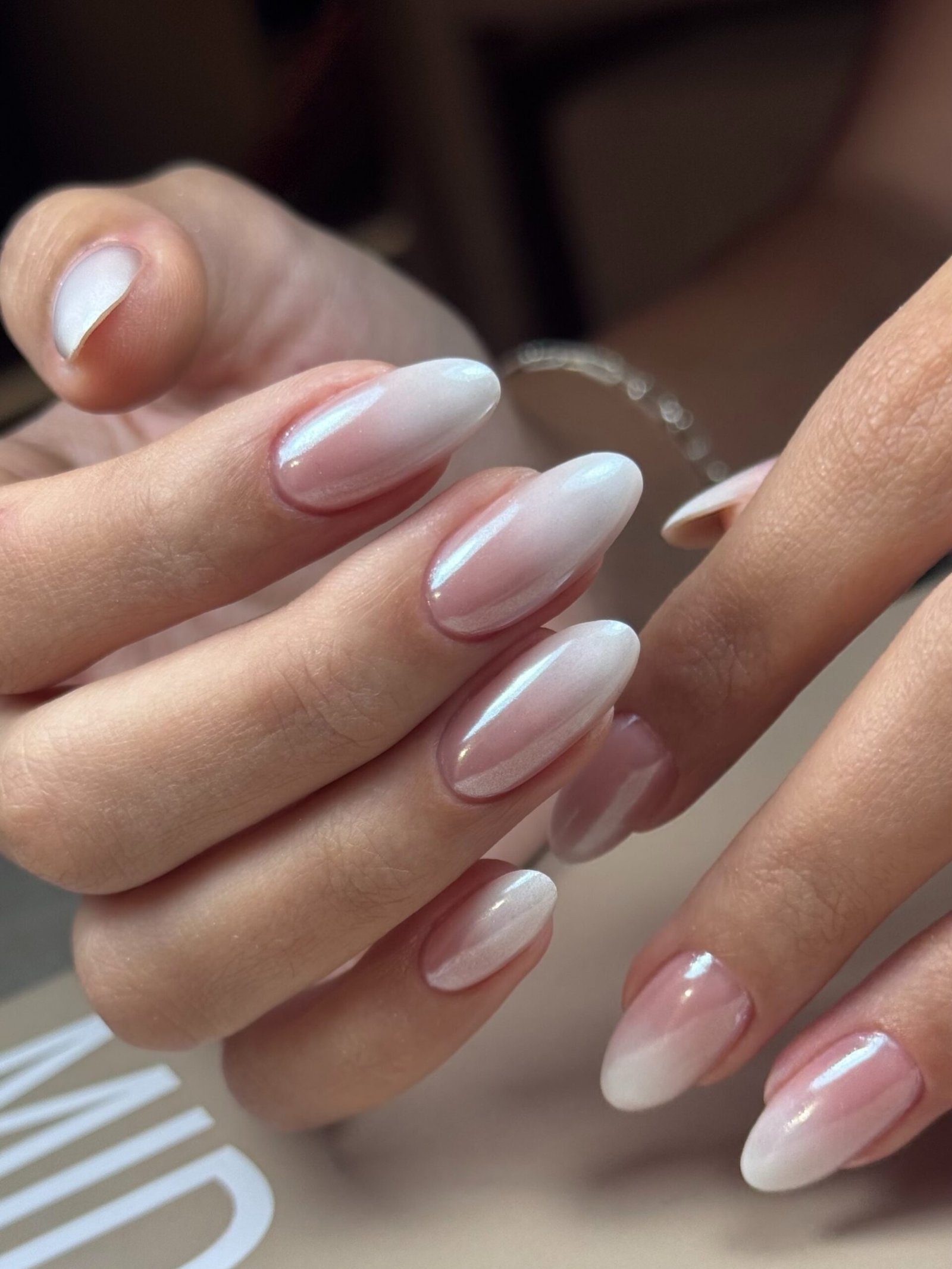 Blush Pink White Chrome Almond Nails