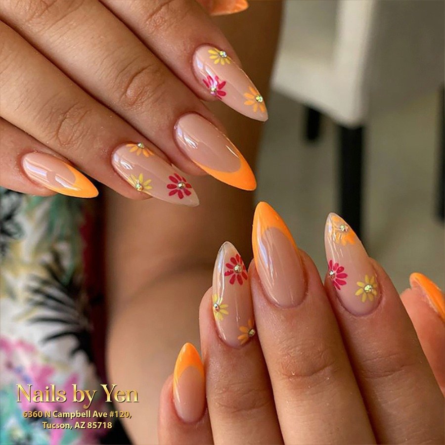 Almond Orange French Tips with Tiny Floral Details nail design