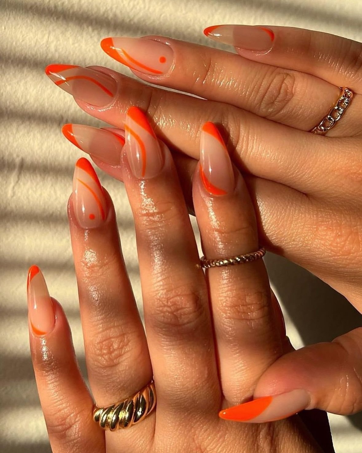 Slim Orange French Tips on Long Almond Nails nail design