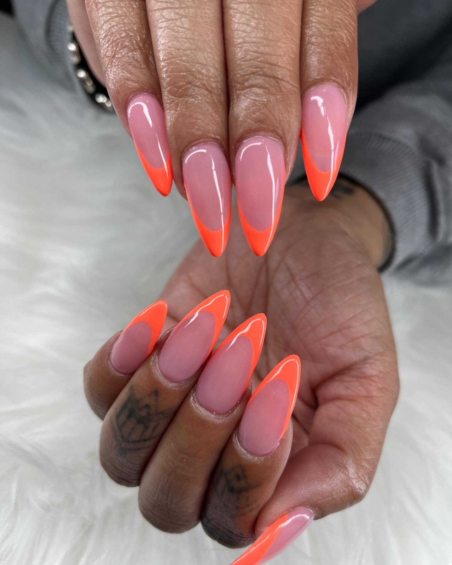 Pink Almond Nails with Bright Orange Tips nail design