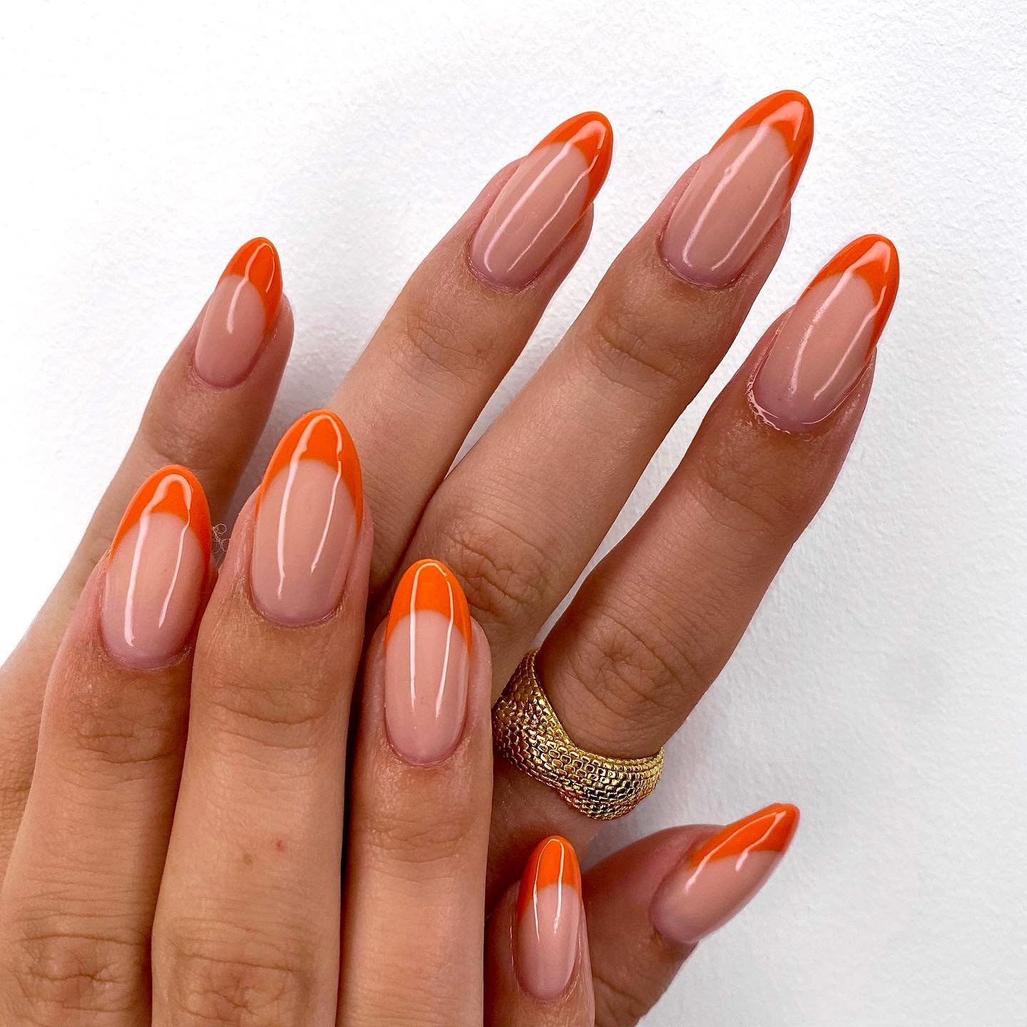 Layered Orange French Tips on Long Almond Nails nail design