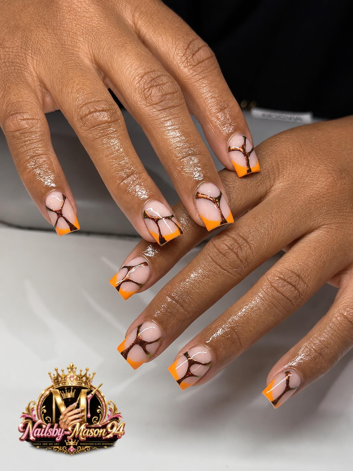 Orange French Tips with Fine Black Line Art nail design