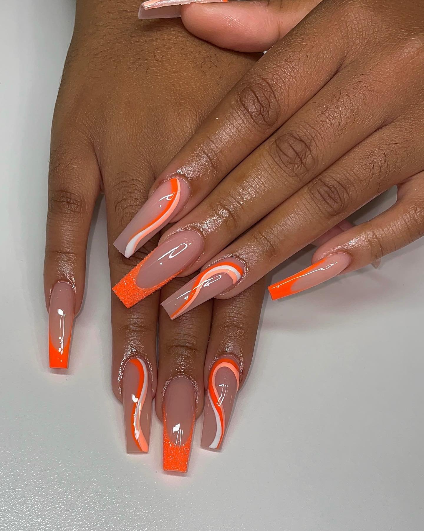 Long Orange French Tips with Fine Double-Line Details nail design