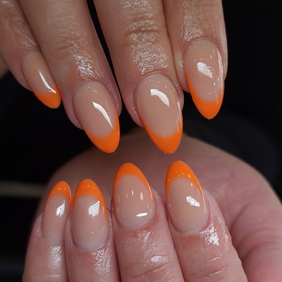 Soft Pink Nails with Slim Orange French Tips nail design