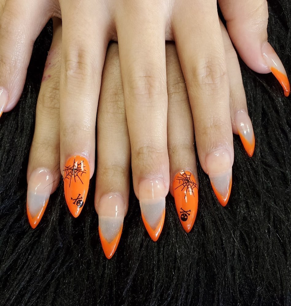 Orange Square Tips with Glittery Nude Bases nail design