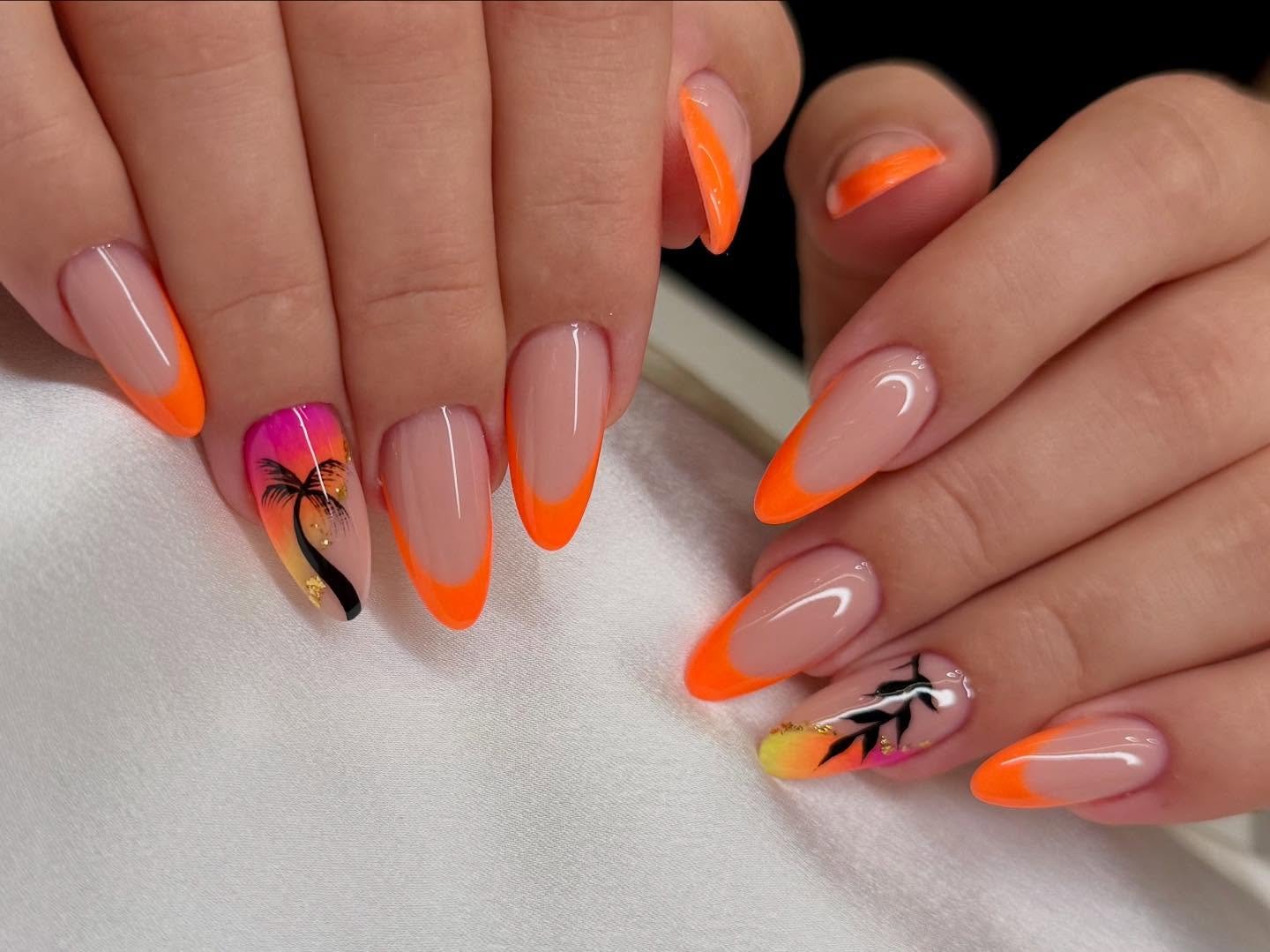 Orange French Tips with Pink and Black Butterfly Accents nail design