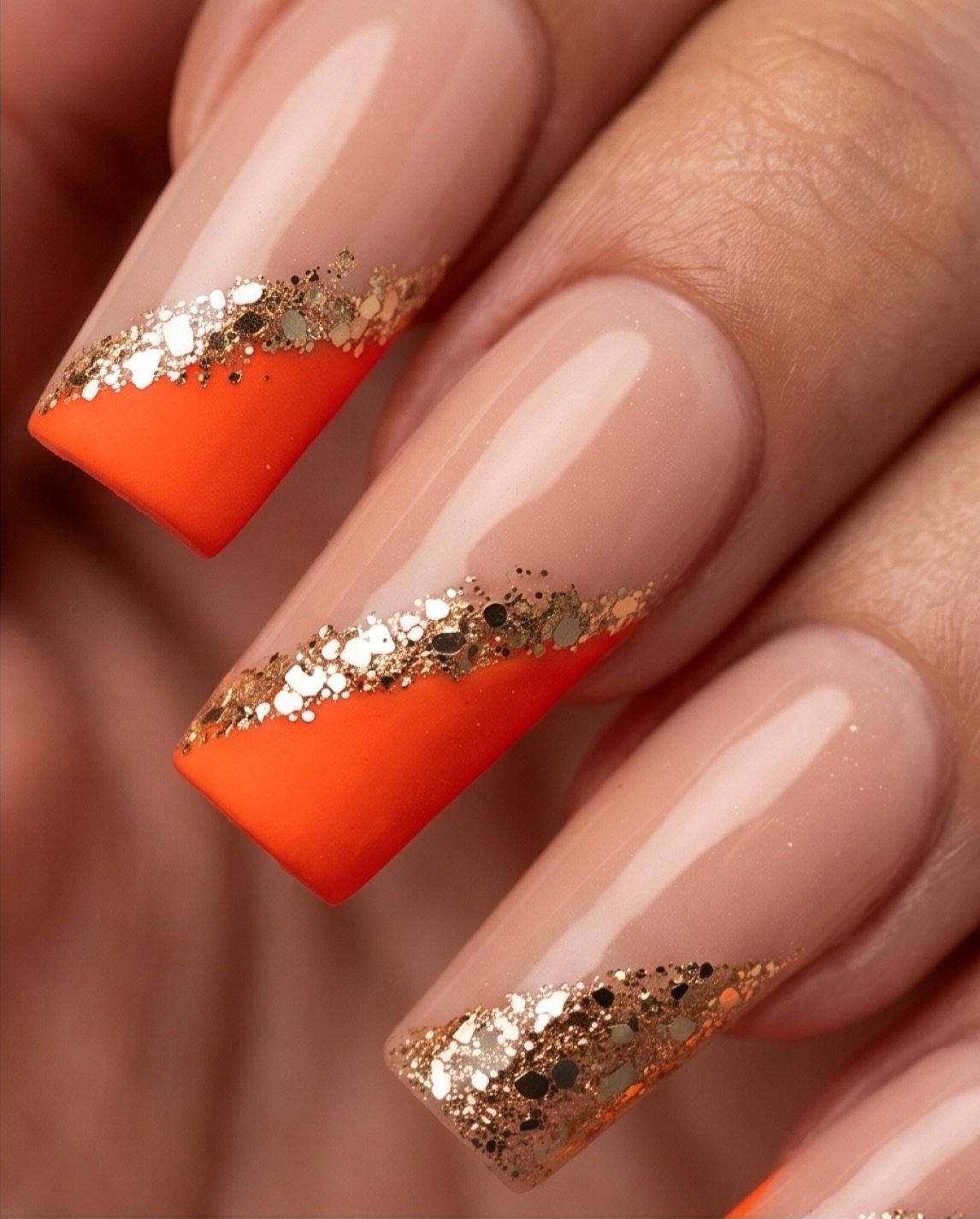 Orange French Tips with Gold Glitter Bands nail design