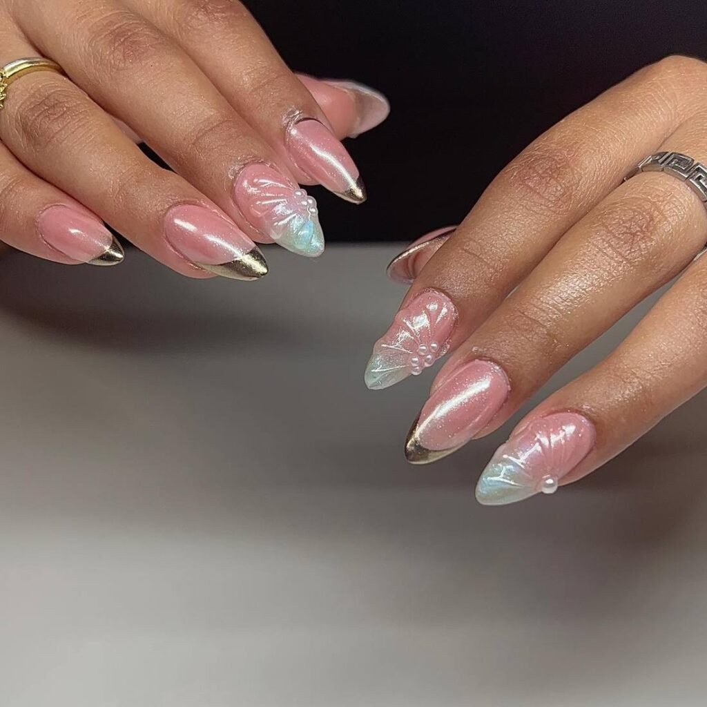 Soft Pink Stiletto Nails with Pearl Chrome French Tips