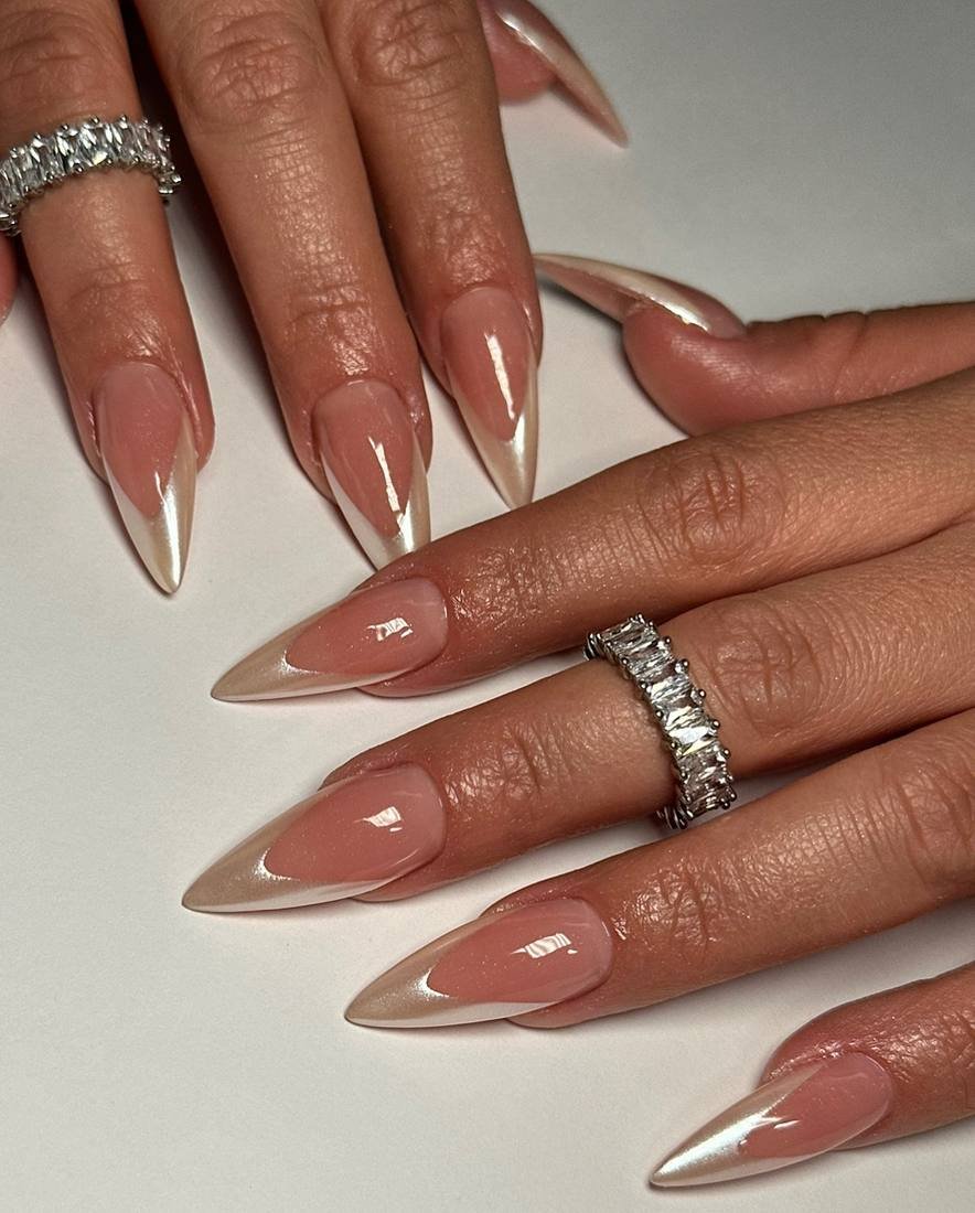 Long Almond Nails with Crisp White Chrome Tips