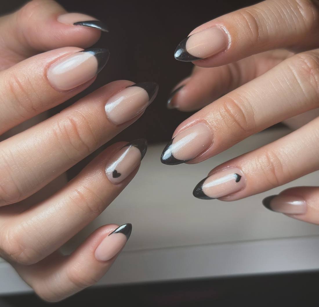 Short Almond Nails with Black French Tips